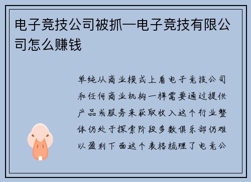 电子竞技公司被抓—电子竞技有限公司怎么赚钱